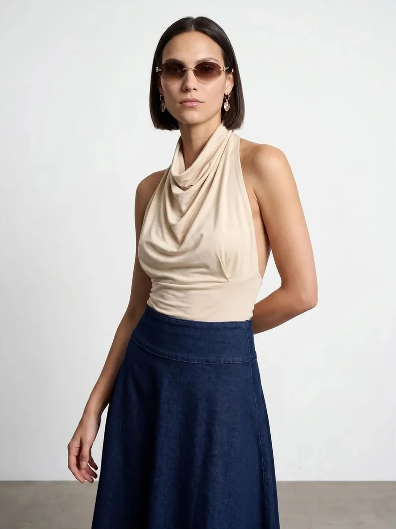 ديلفين Dilvin Fitted Sleeveless Cowl Neck Blouse