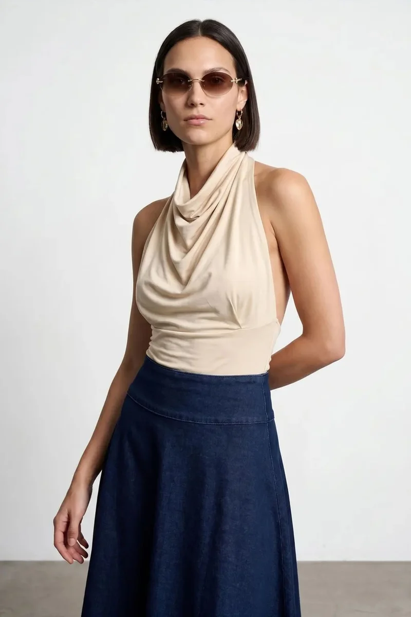 DILVIN Fitted Sleeveless Cowl Neck Blouse
