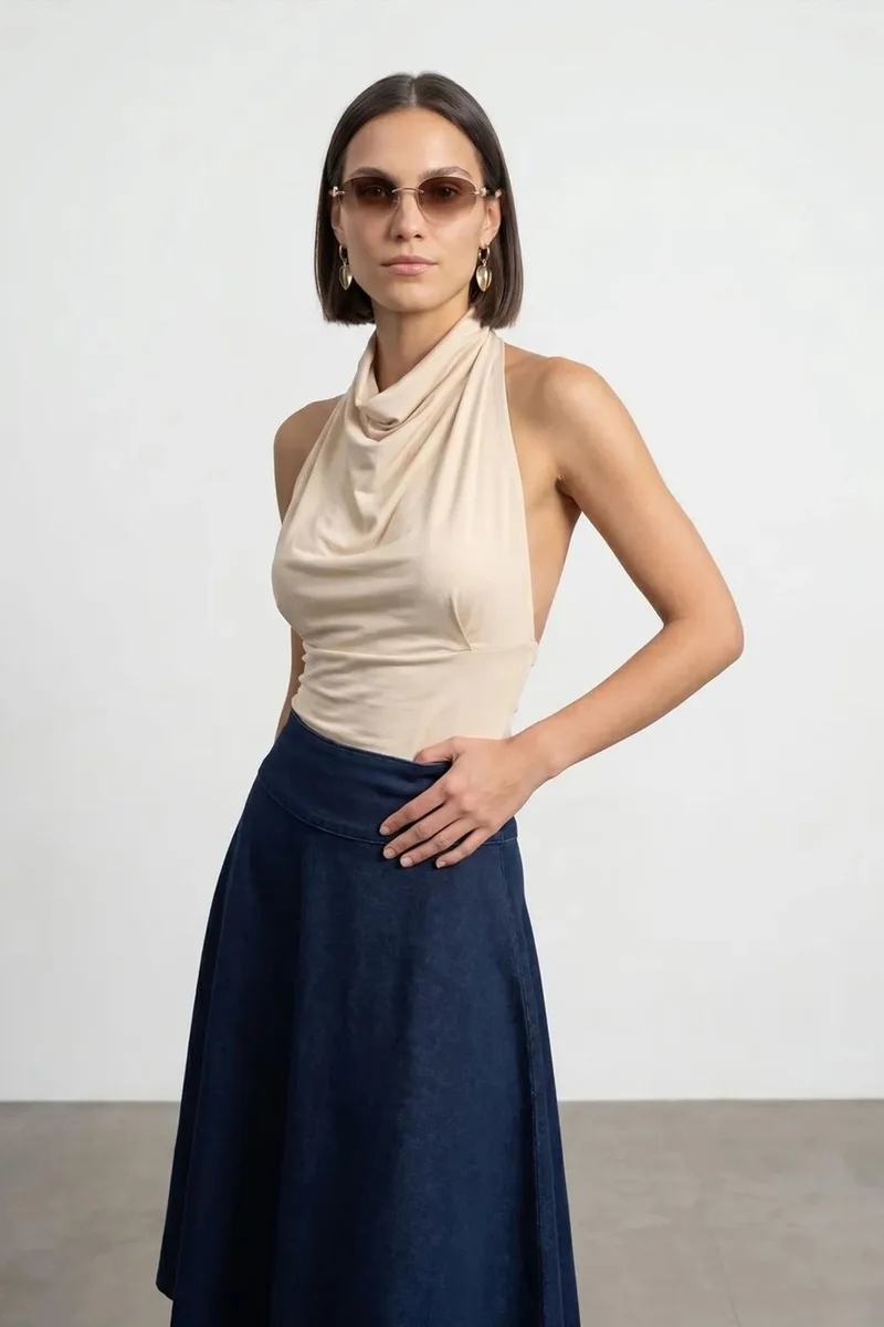 Dilvin Stone Natural DILVIN Fitted Sleeveless Cowl Neck Blouse for Women | Best Price UAE