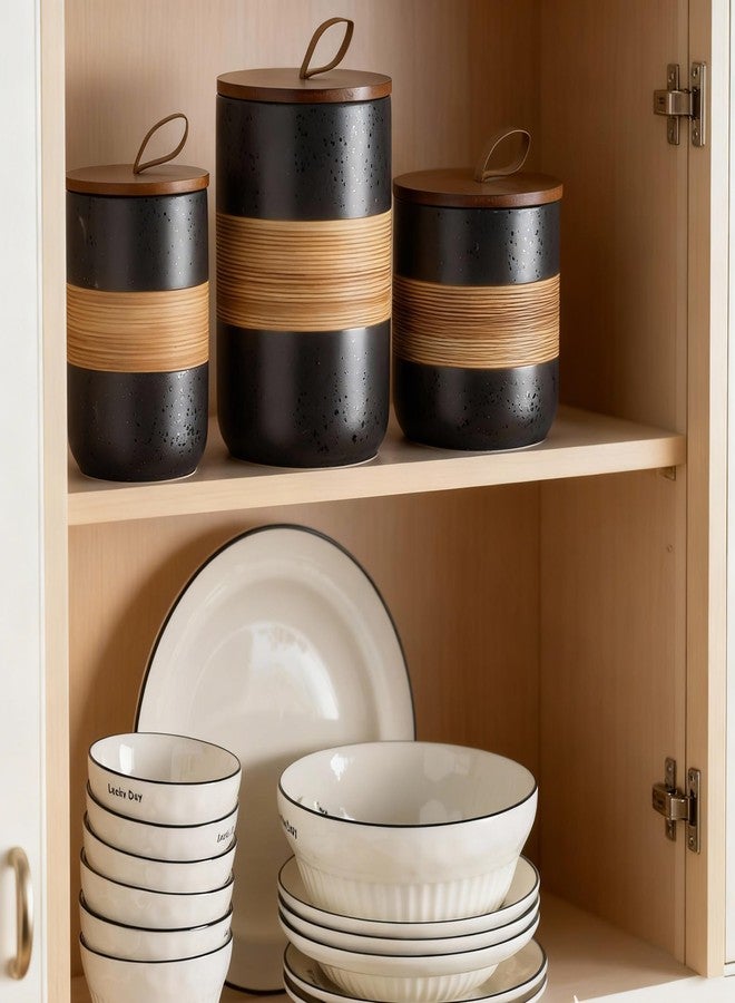 Miamolo Ceramic Jar with Lid, Coffee Container Kitchen Food Storage Jars for Spice Sugar Tea Bag, Stackable Decorative Jars for Countertop, Black & 18 fl.oz - Image 5