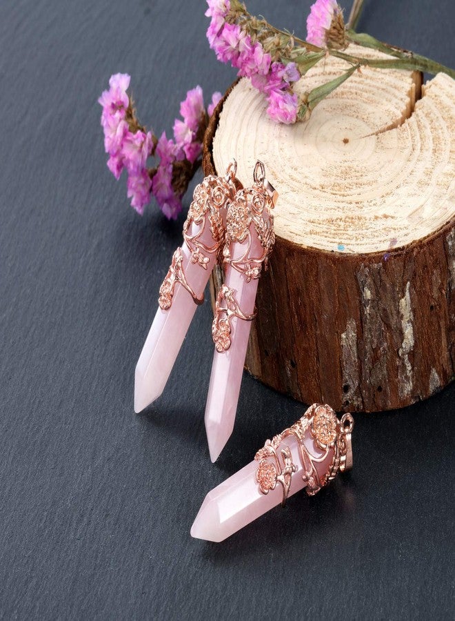 Jovivi Flower Wrapped Natural Rose Quartz Healing Crystal Necklace Hexagonal Prism Pointed Gemstone Pendant Pendulum Necklace Yoga Energy Reiki Quartz Jewelry for Women - Image 3