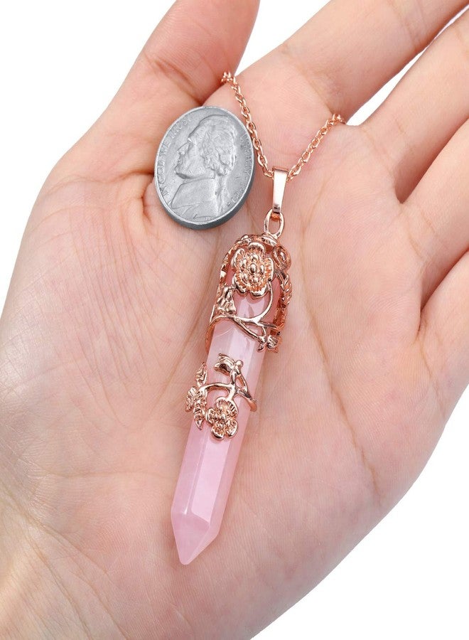 Jovivi Flower Wrapped Natural Rose Quartz Healing Crystal Necklace Hexagonal Prism Pointed Gemstone Pendant Pendulum Necklace Yoga Energy Reiki Quartz Jewelry for Women - Image 4
