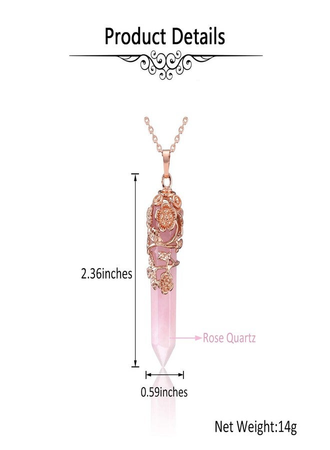 Jovivi Flower Wrapped Natural Rose Quartz Healing Crystal Necklace Hexagonal Prism Pointed Gemstone Pendant Pendulum Necklace Yoga Energy Reiki Quartz Jewelry for Women - Image 5