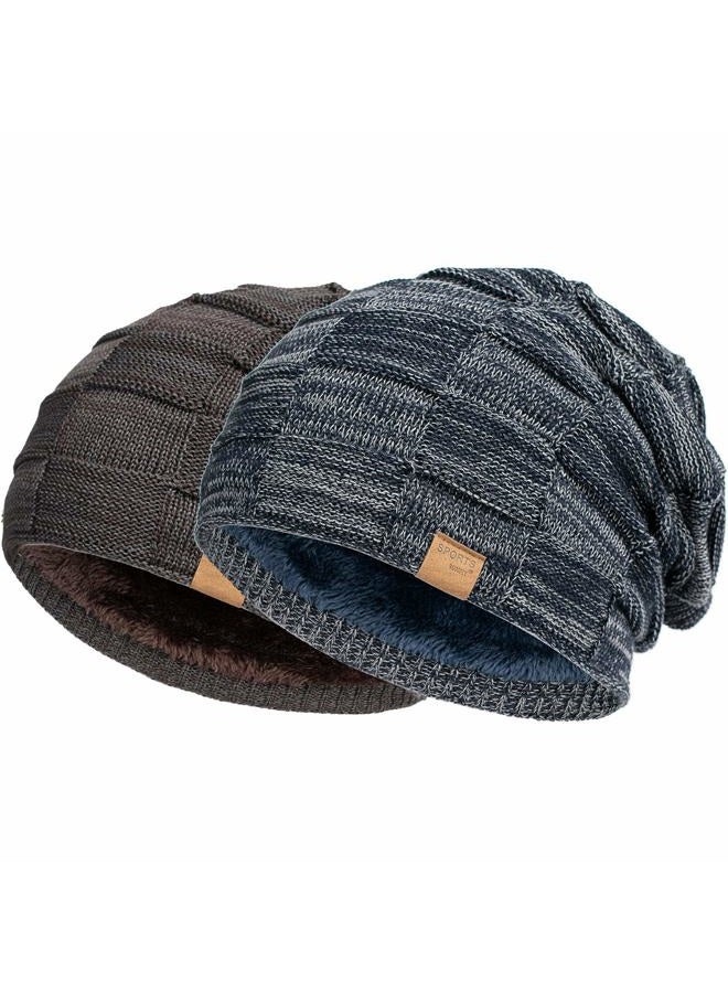 Vgogfly 2 Packs Slouchy Beanie for Men Winter Hats for Guys Cool Beanies Mens Lined Knit Warm Thick Skully Stocking Binie Hat…, Navy / Coffee, One size - Image 1