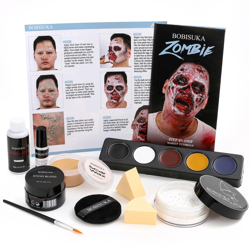 Halloween Zombie Makeup Complete Zombie SFX Makeup Kit Set with Face Paint Liquid Latex Scar Wax Fake Blood for Special Effects Make Up Costume Cosplay Stage Movie