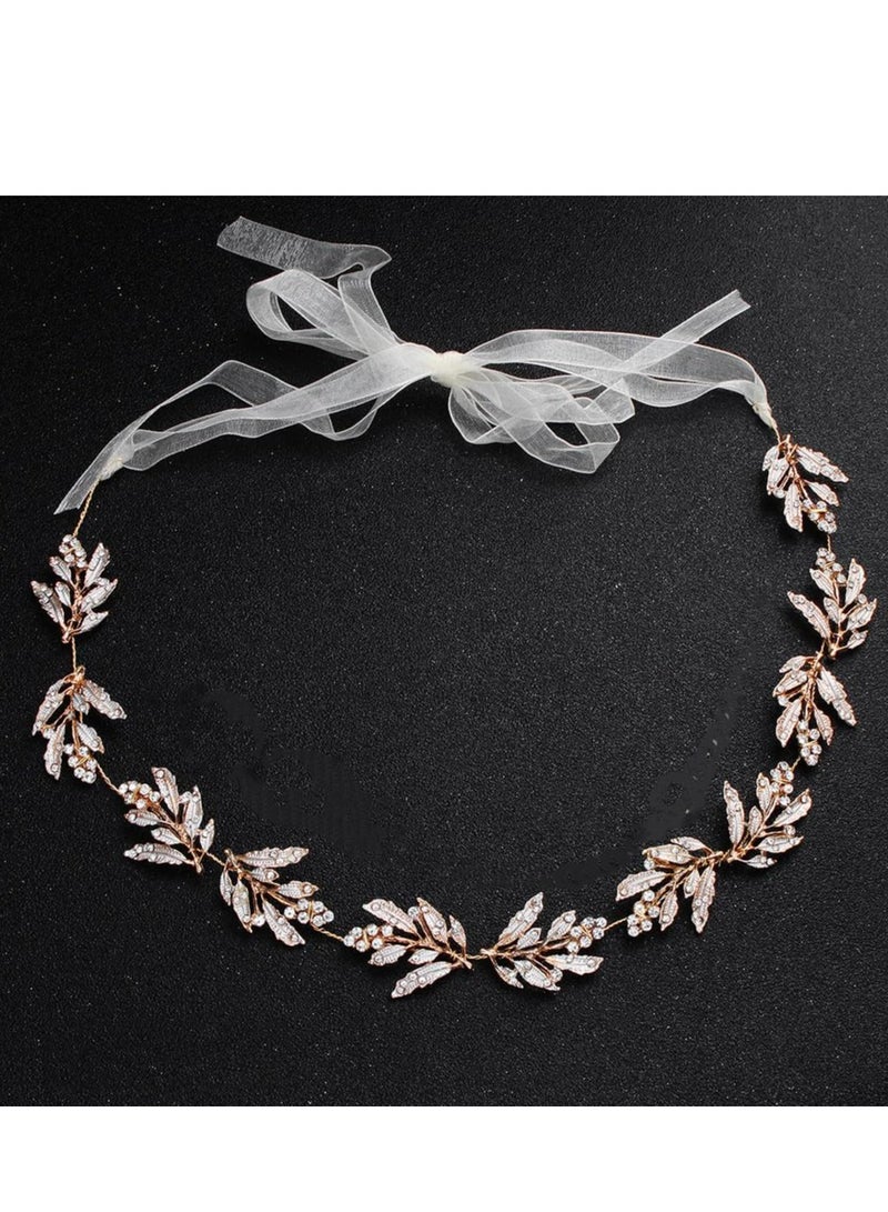 إسكدنيا طوق رأس زفاف بأوراق ذهبية، طوق شعر زفاف بأحجار الراين للعرائس والزهور - Image 3