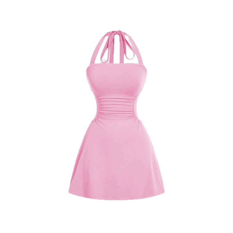 Women's Solid Pleated Tie Strap Sleeveless A-Line Short Dress - Image 5