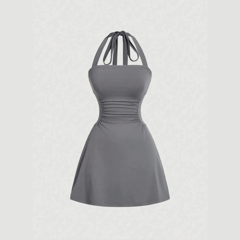 Women's Solid Pleated Tie Strap Sleeveless A-Line Short Dress - Image 4