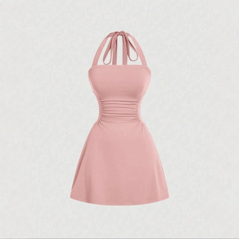 Women's Solid Pleated Tie Strap Sleeveless A-Line Short Dress - Image 3