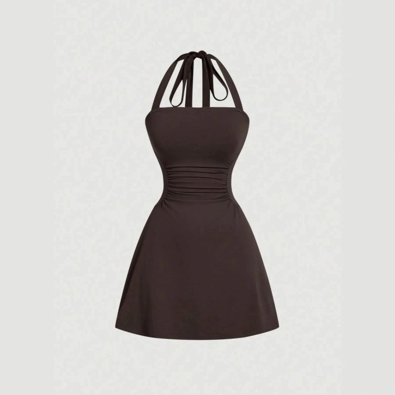 Women's Solid Pleated Tie Strap Sleeveless A-Line Short Dress - Image 2