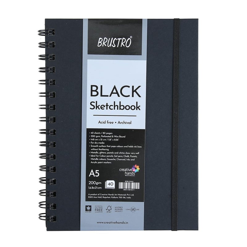 Brustro Black Sketchbook | A5, 200GSM | 40 Sheets/80 Pages | Wiro Bound, Spiral, Premium, Acid-Free Paper, Professional-Grade, Ideal for Dry Media, Mandala Art, Graphite, Charcoal, School, Office use - Image 4