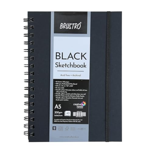 Brustro Black Sketchbook | A5, 200GSM | 40 Sheets/80 Pages | Wiro Bound, Spiral, Premium, Acid-Free Paper, Professional-Grade, Ideal for Dry Media, Mandala Art, Graphite, Charcoal, School, Office use - Image 1