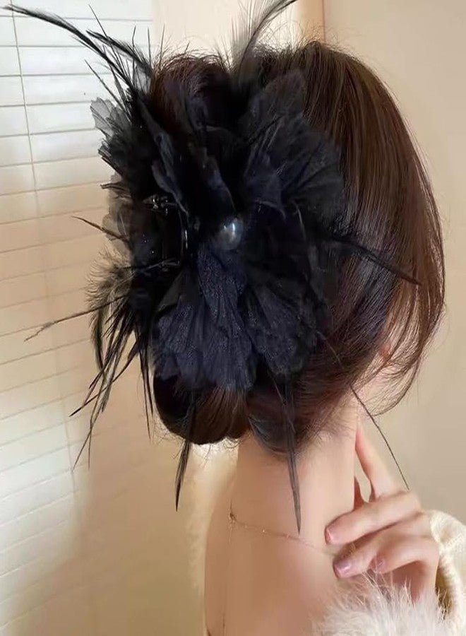 Melodio 2PCS Feather Mesh Flower Hair Claw Clips for Women, Elegant Black and White Hair Clamps, Stylish Floral Jaw Clips for Thick Hair, Non-Slip Updo Accessories - Image 5