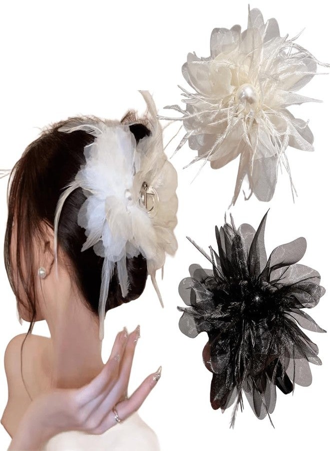 Melodio 2PCS Feather Mesh Flower Hair Claw Clips for Women, Elegant Black and White Hair Clamps, Stylish Floral Jaw Clips for Thick Hair, Non-Slip Updo Accessories - Image 2