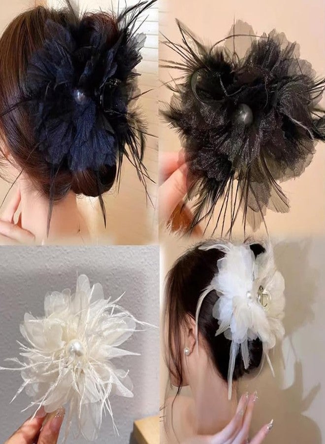 Melodio 2PCS Feather Mesh Flower Hair Claw Clips for Women, Elegant Black and White Hair Clamps, Stylish Floral Jaw Clips for Thick Hair, Non-Slip Updo Accessories - Image 3