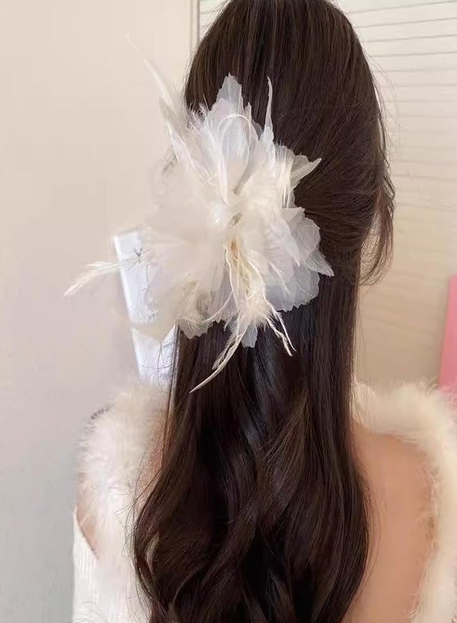 Melodio 2PCS Feather Mesh Flower Hair Claw Clips for Women, Elegant Black and White Hair Clamps, Stylish Floral Jaw Clips for Thick Hair, Non-Slip Updo Accessories - Image 4