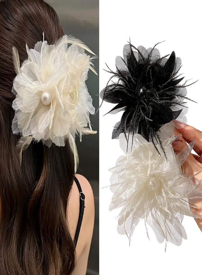 Melodio 2PCS Feather Mesh Flower Hair Claw Clips for Women, Elegant Black and White Hair Clamps, Stylish Floral Jaw Clips for Thick Hair, Non-Slip Updo Accessories - Image 1