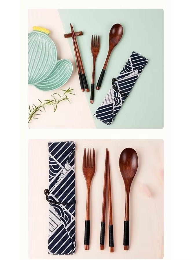 Chopsticks Fork Spoon Three Piece Wooden Travel Cutlery Set with Pouch, Reusable Environmental Protection Pure Wood Portable Utensils, Japanese Style Pattern Office Camping Cutlery (Blue) - Image 2