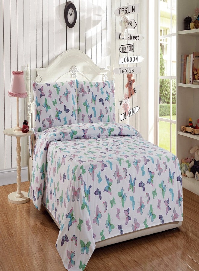 Linen Plus Sheet Set for Girls/Teens/Adults Butterflies Purple White Green Turquoise Pink Butterfly Flat Sheet Fitted Sheet and Pillow Cases Full Size New - Image 2