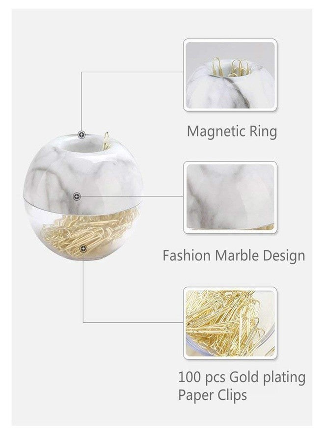 Supfoxer Magnetic Paper Clip Holder, Marble White holder with Gold PaperClips 100pcs 28mm(1.1") Cute Office Supplies for Desk Organizer - Image 2