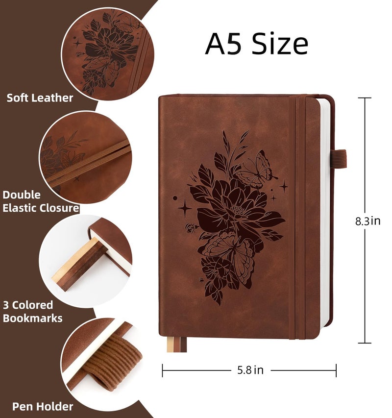 ALKALO Lined Journal Notebook 365 Pages, A5 Leather Journals for Writing Women & Men, Hardcover Notebook with 100GSM Thick Paper, Daily Journal Notebook for Travel, Work, School, Note Taking, College Ruled - Image 2
