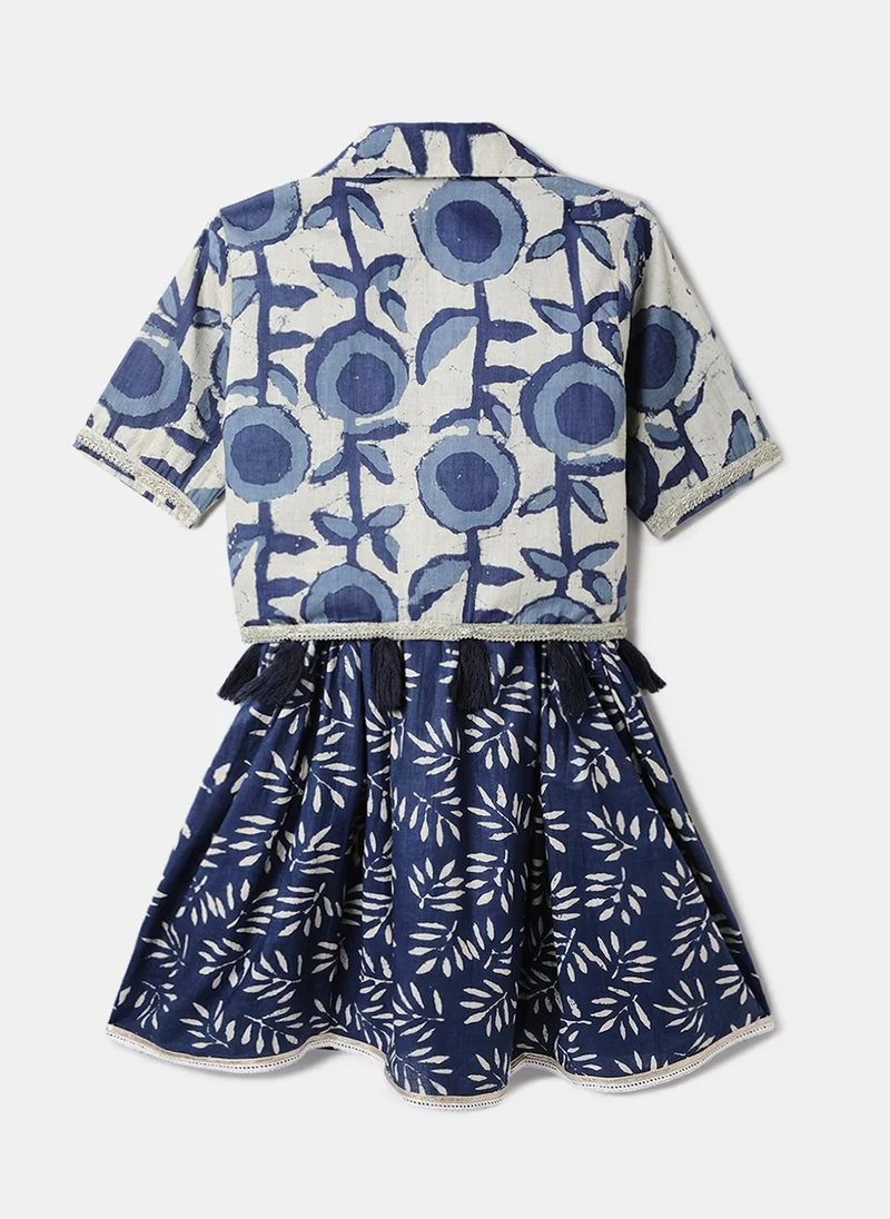 Nautinati Nautinati Blue Festive Printed Dress with Jacket for Girls