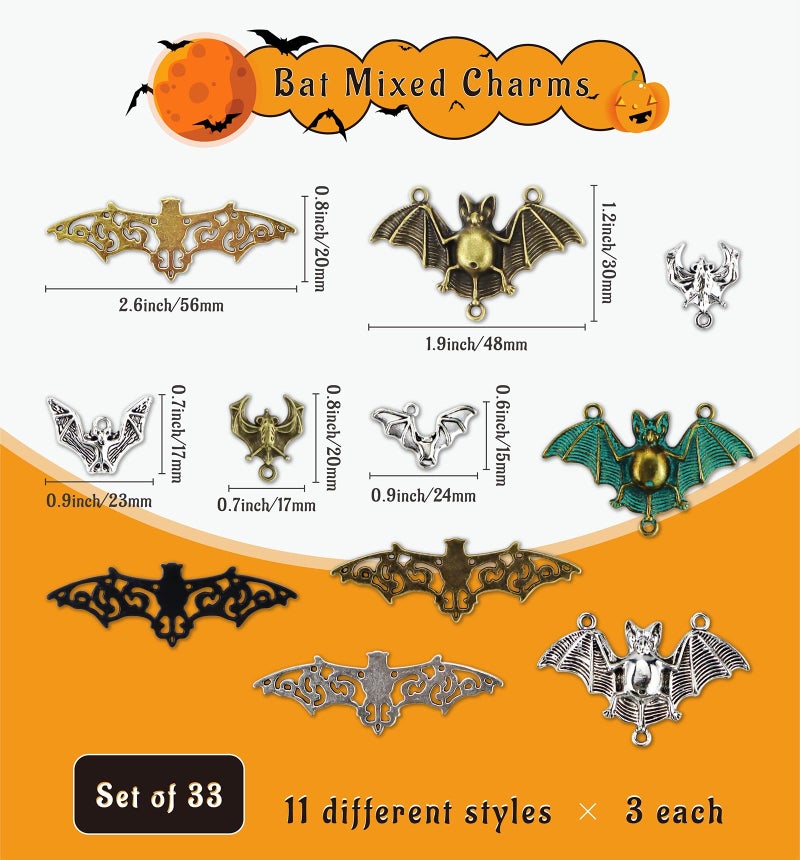 JIALEEY 33PCS Bat Charms Mixed Halloween Spooky Flittermouse Flying Vampire Bat Connector Charms Pendants DIY for Jewelry Making Crafting - Image 2
