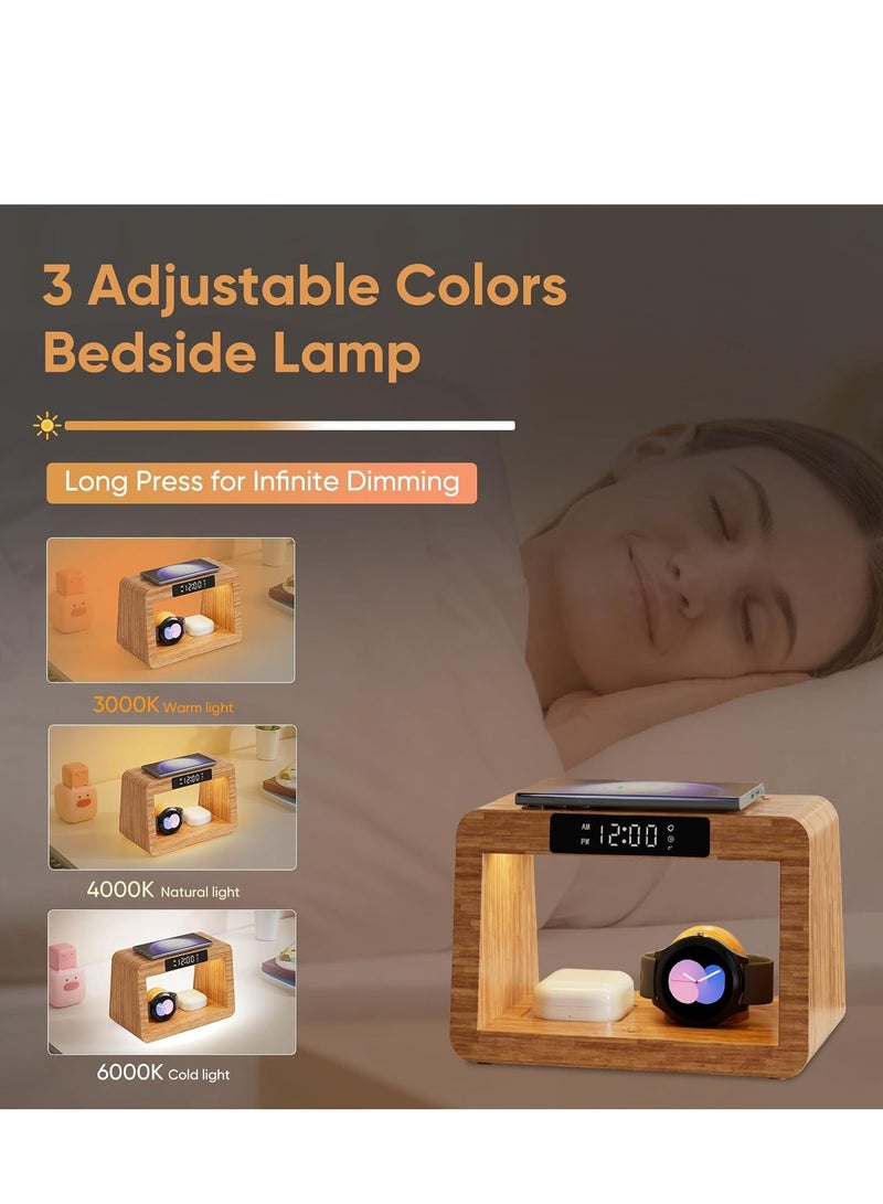 KASTWAVE Bamboo Wireless Charging Station, 3 in 1 with Digital Alarm Clock Night Light, Fast Charger Stand for iPhone 14/13/12/11 Pro Max/X/Xs Max/8, AirPods Pro, iWatch Series 8/7/6/5/SE/4/3/2, for Samsung - Image 1