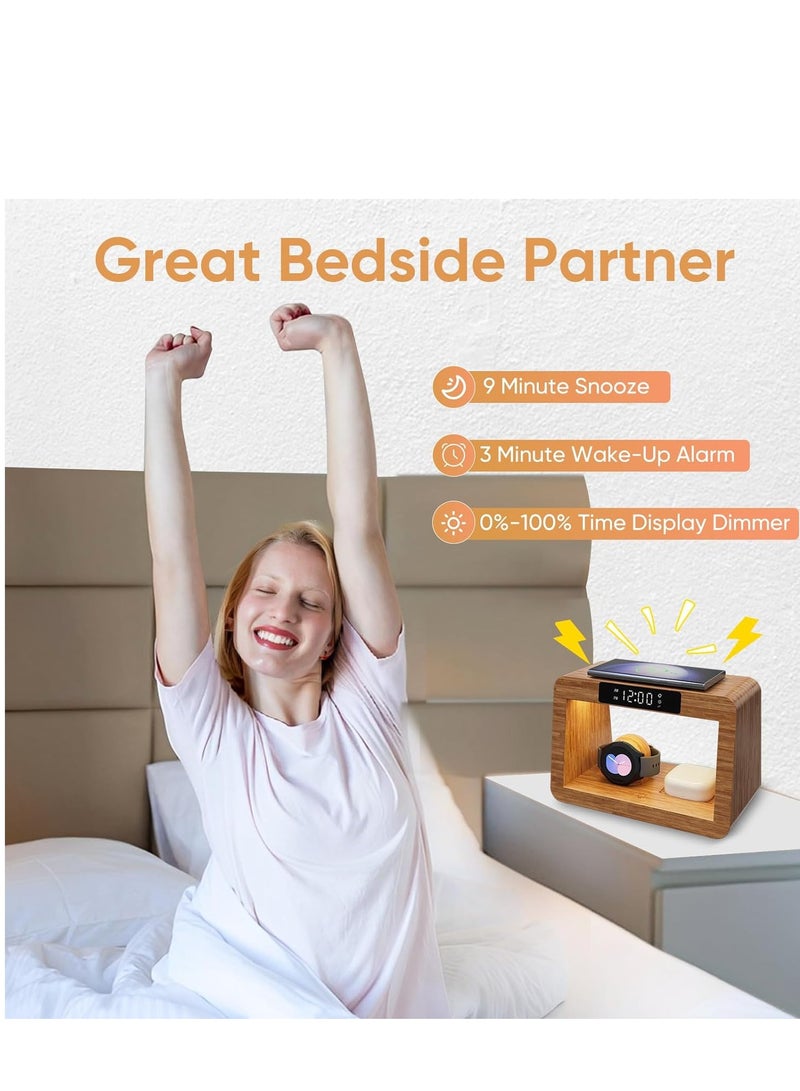 KASTWAVE Bamboo Wireless Charging Station, 3 in 1 with Digital Alarm Clock Night Light, Fast Charger Stand for iPhone 14/13/12/11 Pro Max/X/Xs Max/8, AirPods Pro, iWatch Series 8/7/6/5/SE/4/3/2, for Samsung - Image 5