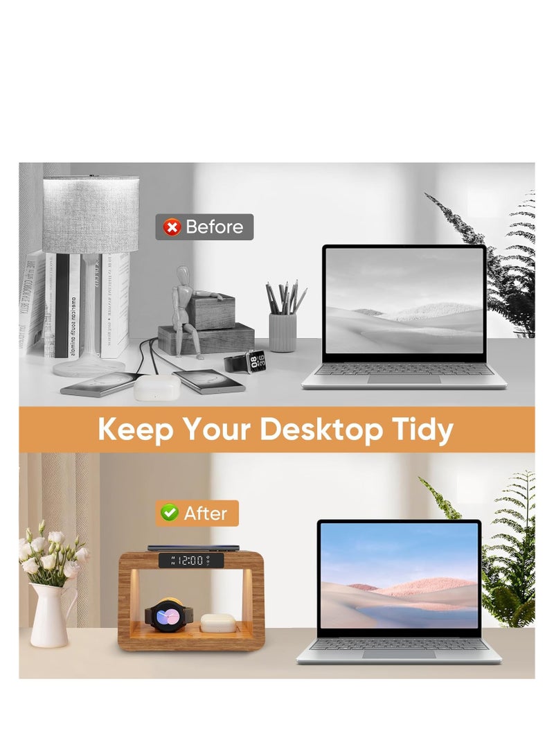 KASTWAVE Bamboo Wireless Charging Station, 3 in 1 with Digital Alarm Clock Night Light, Fast Charger Stand for iPhone 14/13/12/11 Pro Max/X/Xs Max/8, AirPods Pro, iWatch Series 8/7/6/5/SE/4/3/2, for Samsung - Image 3