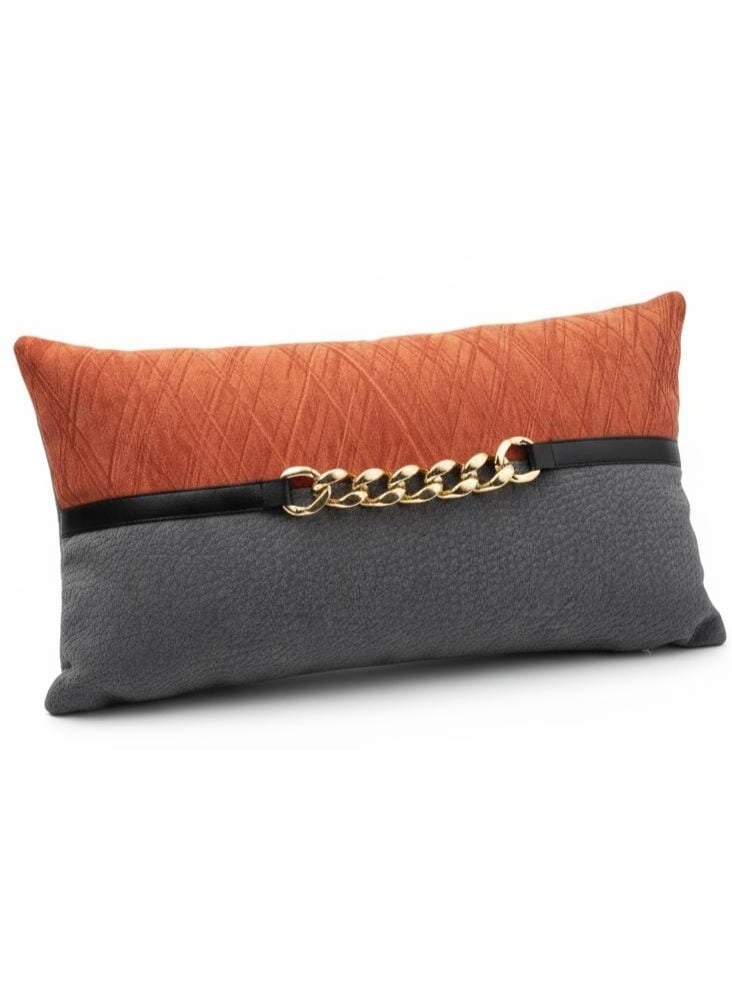 أي كي دي سي وسادة دعم أسفل الظهر بتصميم أنيق من AKDC، مزينة بسلسلة ذهبية في المنتصف - قطن رمادي وبرتقالي، 30×50 سم - Image 1