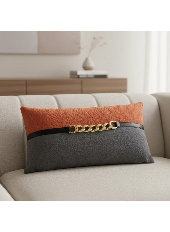 أي كي دي سي وسادة دعم أسفل الظهر بتصميم أنيق من AKDC، مزينة بسلسلة ذهبية في المنتصف - قطن رمادي وبرتقالي، 30×50 سم - Image 2