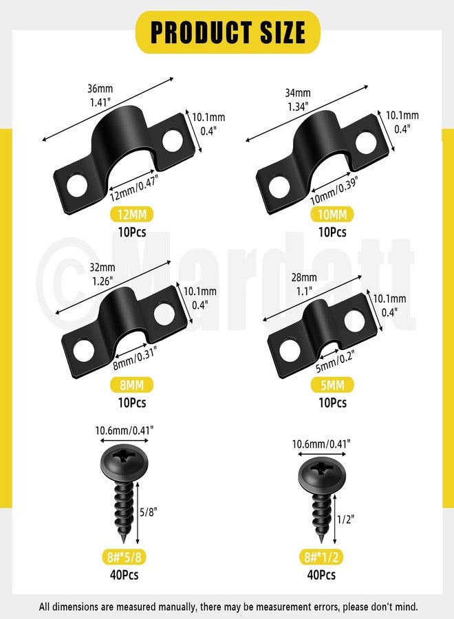 Mardatt 40 Set Two Hole Pipe Strap Clamp, 5mm(3/16”), 8mm(5/16"), 10mm(3/8"), 12mm(1/2") Rigid U Bracket Clamps U-Tube Strap Clamp Conduit Clamps with Self-Tapping Screws for Pipe Fixing - Image 2
