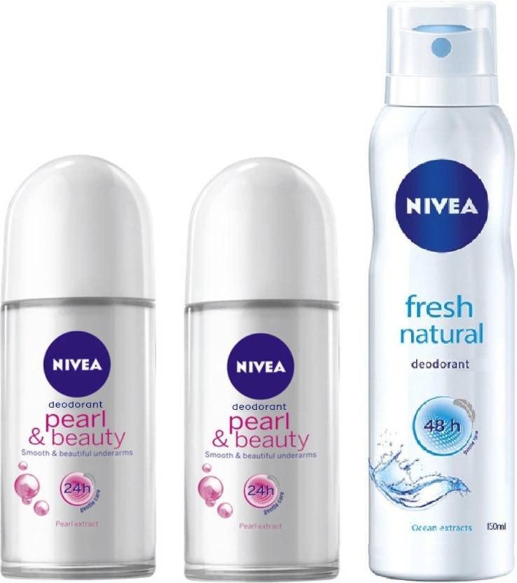 NIVEA Pearl & Beauty Roll on 50 ml & Fresh Natural Deodorant 150 ml - Pack of 3 Deodorant Spray - For Women (250 ml, Pack of 3)