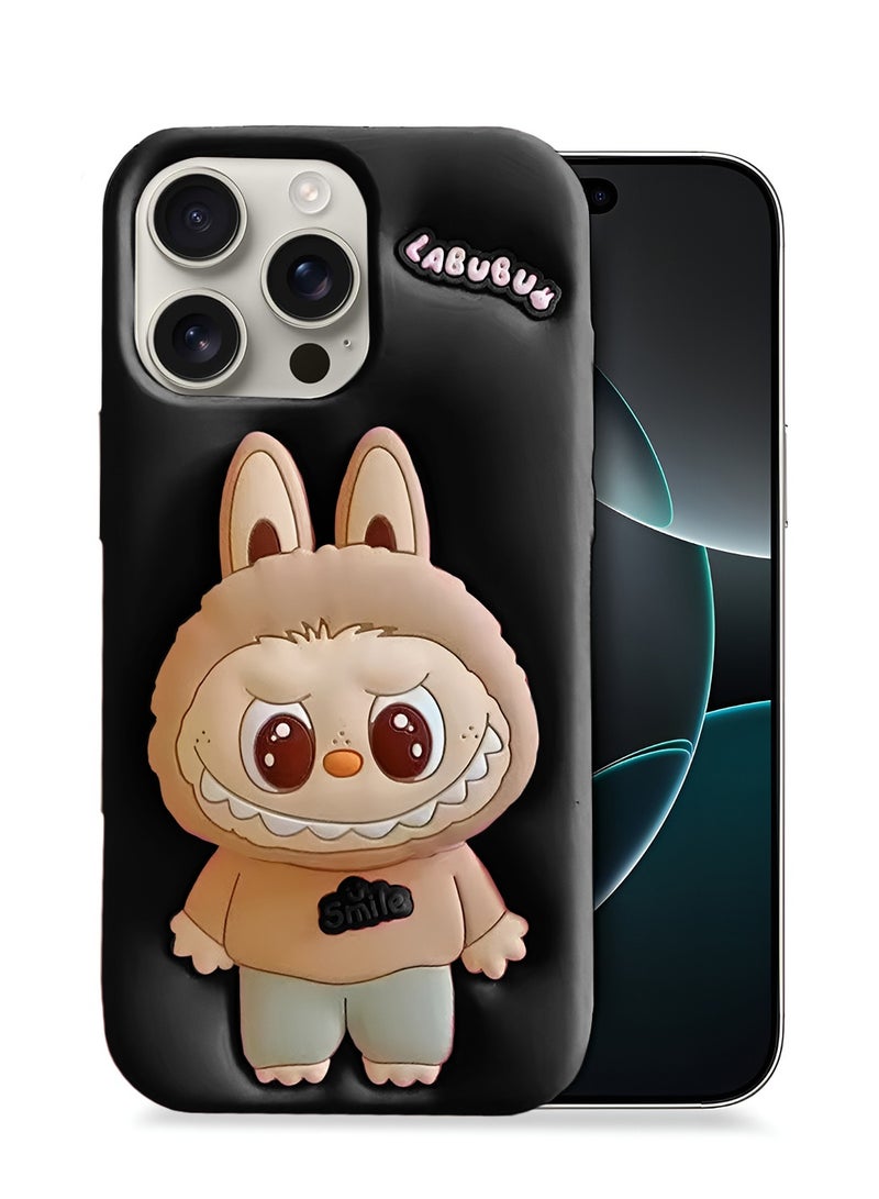 Wtech Apple iPhone 16 Pro Max 5G 2024 3D Labubu Cartoon Pop Case, Premium Soft Liquid Jelly Silicone Case with Phone Holder Cool Full Protective Cute Aesthetic Case Cover - Black - Image 1