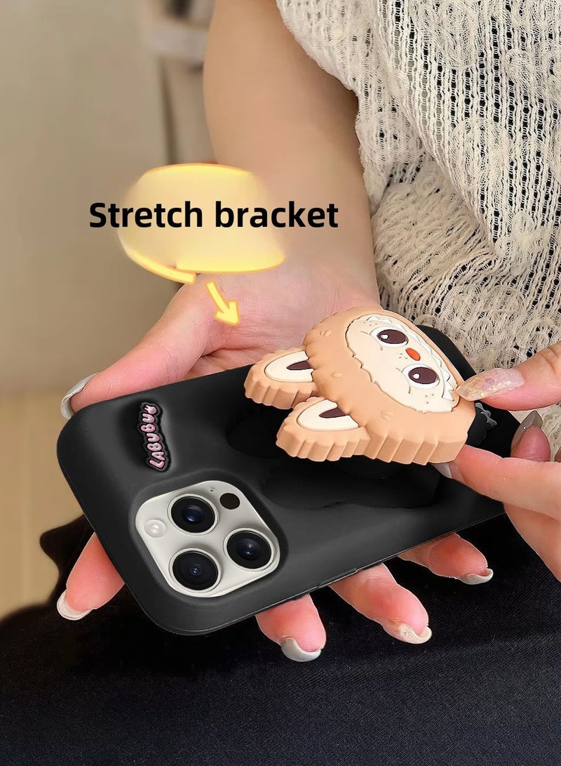 Wtech Apple iPhone 16 Pro Max 5G 2024 3D Labubu Cartoon Pop Case, Premium Soft Liquid Jelly Silicone Case with Phone Holder Cool Full Protective Cute Aesthetic Case Cover - Black - Image 3