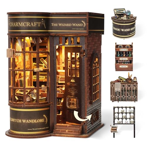 FUNPOLA 3D Wood Puzzle Wizard Wand Book Nook Kit DIY Miniature Bookshelf Insert with LED Light Creative Home Decor Gift for Display Wizard Wand Shop - Image 1