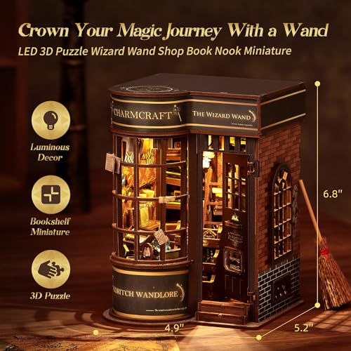 FUNPOLA 3D Wood Puzzle Wizard Wand Book Nook Kit DIY Miniature Bookshelf Insert with LED Light Creative Home Decor Gift for Display Wizard Wand Shop - Image 5