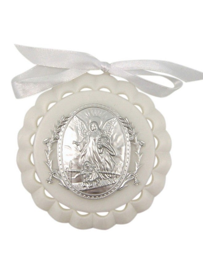 WJH Moulded Acrylic White Crib Medal with Guardian Angel for Baby Nursery Decor, 3 1/2 Inch - Image 1