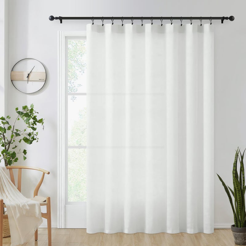 FMFUNCTEX Sliding Door Curtains White Linen Textured Sheer Curtains 84"" Living Room 100"" Width Extra Wide Patio Glass Door Panel Room Divider Drapes Large Semi Sheer Window Panels Rod Pocket 1 Panel - Image 1