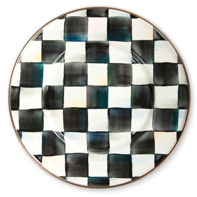 MACKENZIE-CHILDS Enamel Salad and Dessert Plate, Small Plate for a Dessert or Appetizer Dish, 8 Inches, Black-and-White Courtly Check