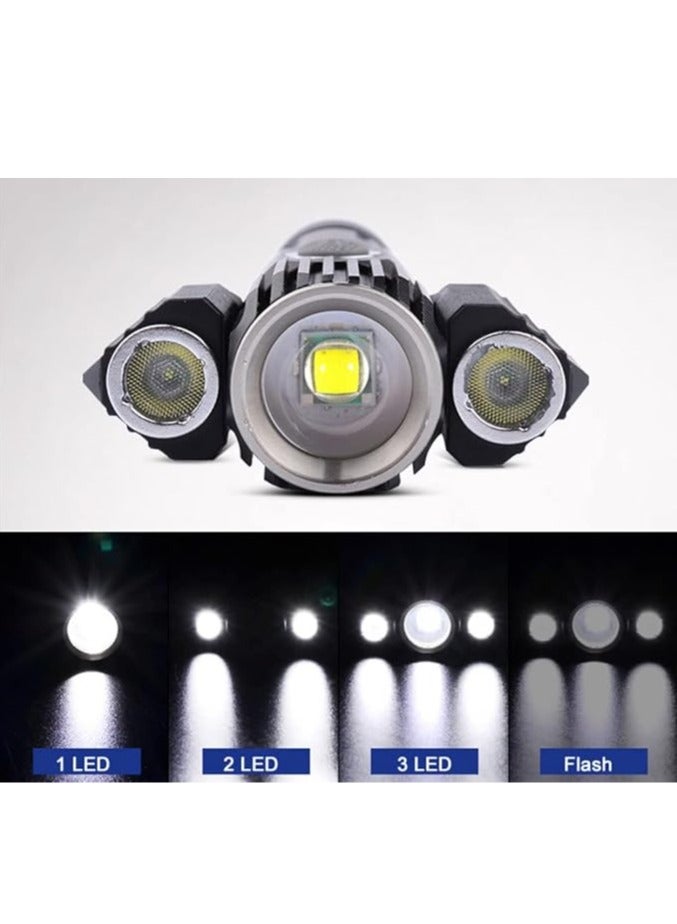 Aluminum alloy three-head flashlight, impact resistant, non-slip, high brightness ABS, 2600mAh riding three-head flashlight, used for night riding, camping, traveling - Image 4