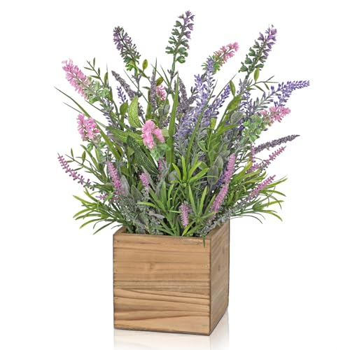 DILATATA Rustic Lavender Flowers Artificial Lavender Decor Fake Lavender Plant in Wooden Pot Faux Plants for Home Bathroom Table Centerpieces Wedding Decor Potted Lavender Flower Purple Decor - Image 1