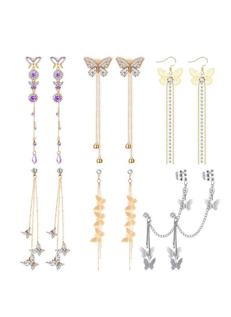 SYOSI - Tassel Chain Earrings, Butterfly Cuff Tassel Chain Earrings, Butterfly Stud Drop Dangle Earrings, Long Crystal Butterfly Earrings, Purple Butterfly Long Tassel Earrings 6 Pairs - Image 1