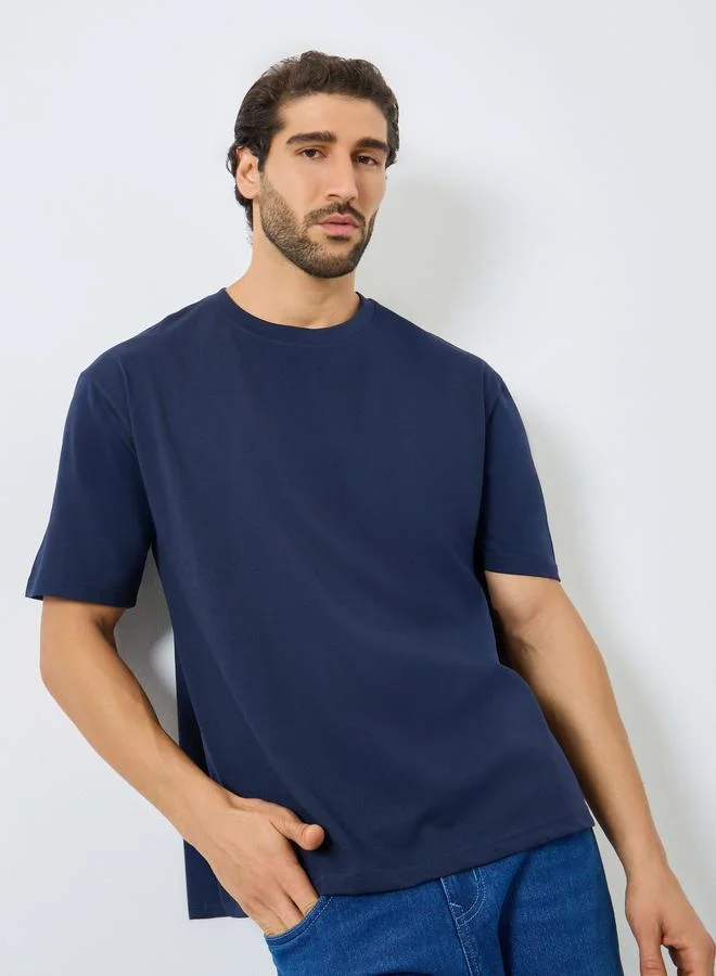Styli Men Navy Blue Embroidered Oversized T-Shirt