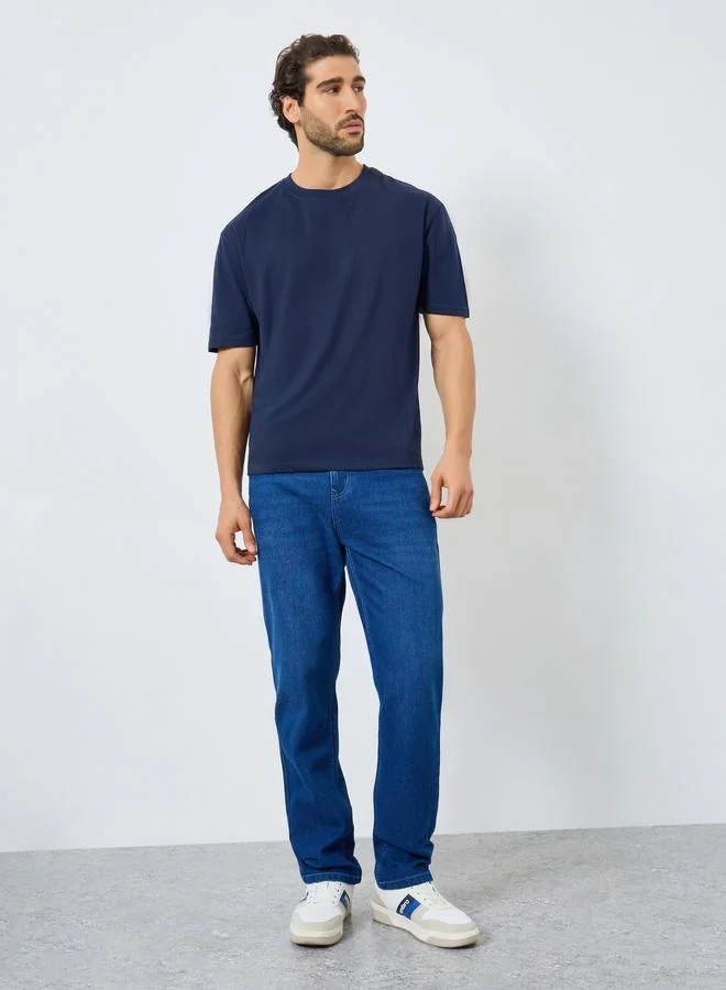 Styli Men Navy Blue Embroidered Oversized T-Shirt