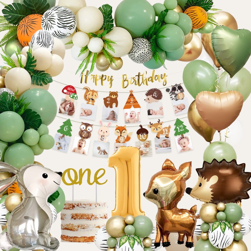 weeyin 1st Birthday Decoration for Boys and Girls, Green, 1 Year Old Balloon and Jungle Animal Balloon, Happy Birthday Banner - Image 1