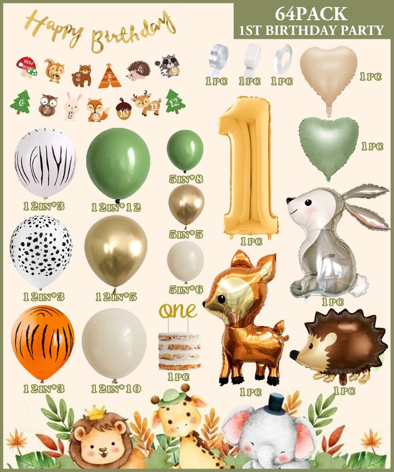 weeyin 1st Birthday Decoration for Boys and Girls, Green, 1 Year Old Balloon and Jungle Animal Balloon, Happy Birthday Banner - Image 2