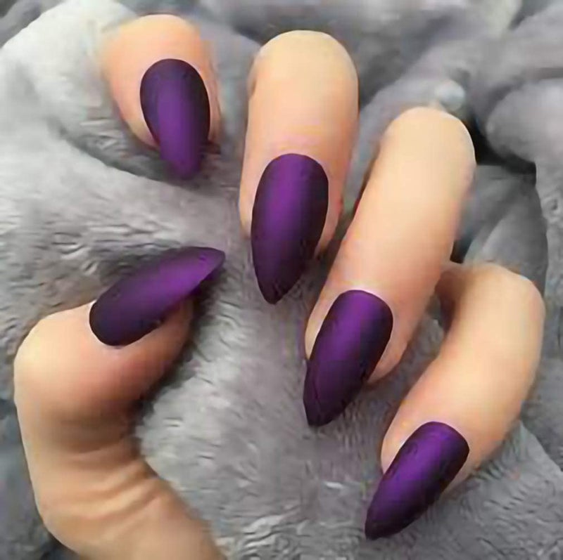 MISUD 100PcsBox Stiletto Fake Nails Purple Press on Nails Goth Acrylic Nail Matte Glue on Nails Medium Length Artificial Nails 10 Sizes Full Cover Manicure Art Nails Tips for Women and Girls  Violet
