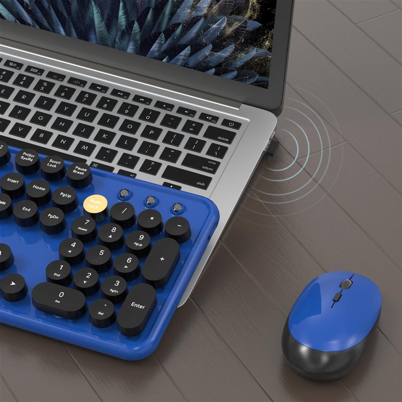 MPTOG Colorful Wireless Computer Keyboard and Mouse Combo with Round Typewriter Keycaps, Retro Design, Power Switch, Ergonomic Design, 2.4GHz Wireless for Windows, Mac, PC(Black-Blue) - Image 4